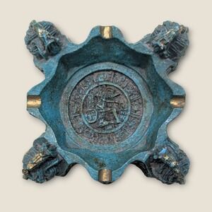 Vintage Green Crush Malachite Stone Ashtray 5" Dish Aztec Mayan Warriors‎